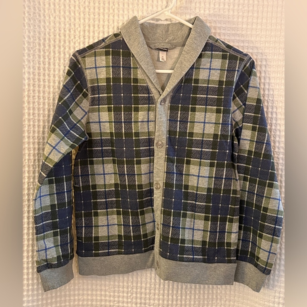 Tea Collection Plaid Kids Popover Button Sweater - Blue and Green